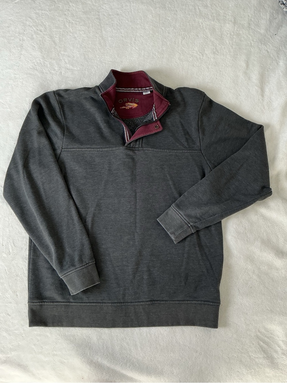 Orvis Men's Charcoal Zip-Up Sweater with Wine Trim